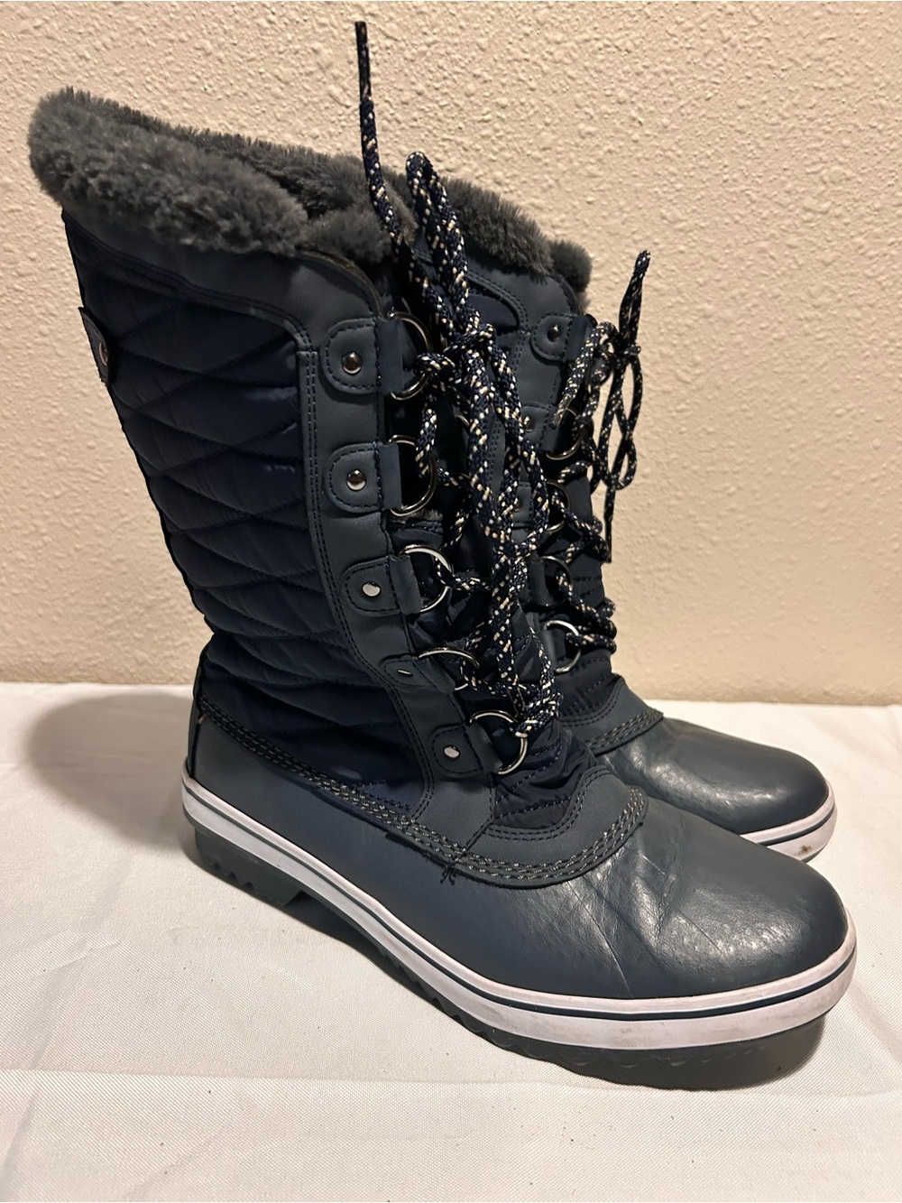 JBL Navy Quilted Lace-Up Winter Boots with Gray Faux Fur Trim